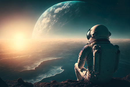 Astronaut looking out at the sea and the planet Earthの素材