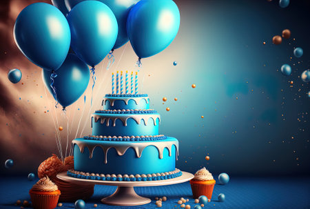 Birthday celebration with gourmet cake and blue balloons against a festive backdrop.の素材