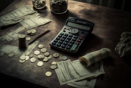 A table with money and a calculator.の素材