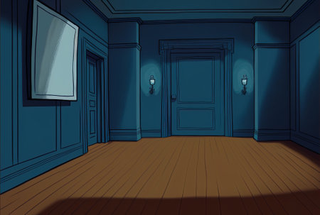 An empty room with a dark blue wall and a hardwood floorの素材