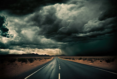 Asphalt road in the background with ominous cloudsの素材
