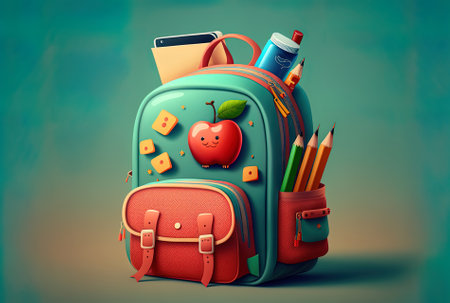 Back to school illustration with a bag and school suppliesの素材