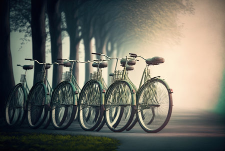 Bicycles in a row against a hazy backgroundの素材