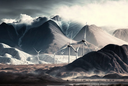 Beautiful scene with barren mountains and white windmillsの素材
