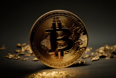 Bitcoin in gold on a dark backdrop.の素材