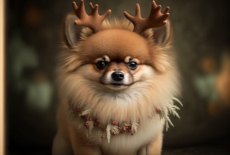 Christmas portrait of an adorable pomeranian puppy dressed as a reindeerの素材