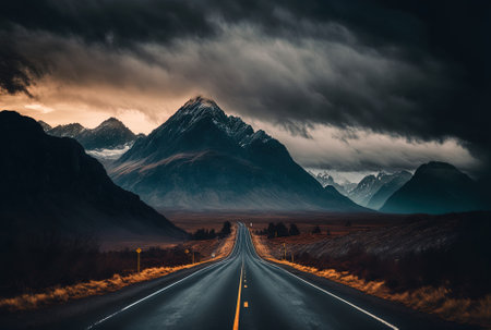 Beautiful photograph of a road in front of mountains under a gloomy sky.の素材
