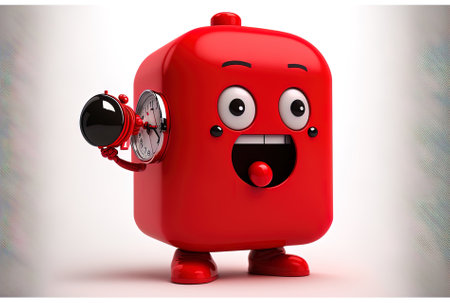 3d rendering of a red refrigerator with a clock in his handの素材