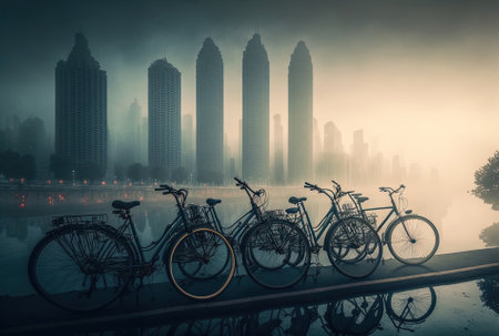 Bicycles in a row against a misty cityscapeの素材
