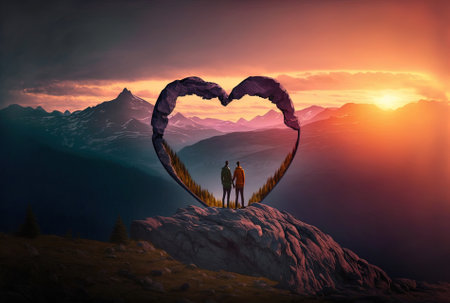 Best buddies posing with a heart symbol above a stunning scenery on theの素材