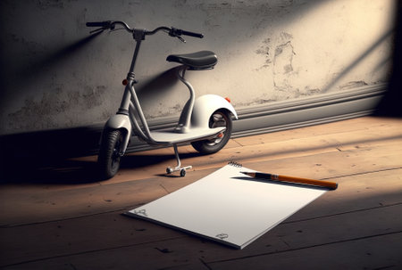 Blank paper on a table with a little scooterの素材