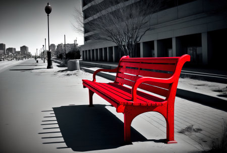 City red bench that is desertedの素材