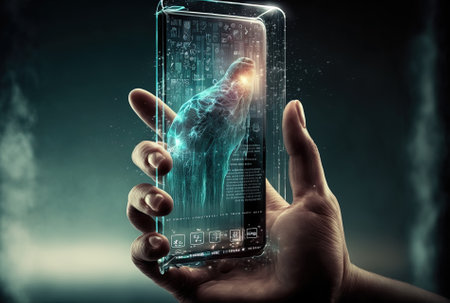 Concept of a hand holding a transparent smartphone in the futureの素材