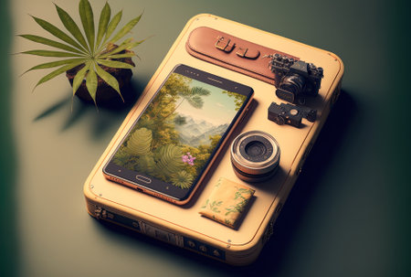 Concept of a flat lay smartphone and a getawayの素材