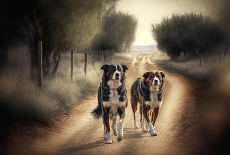 Dogs strolling along a rural dirt roadの素材