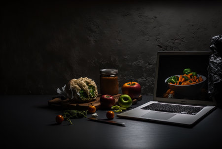 Dark backdrop with a side view of a silver laptop and food nearbyの素材
