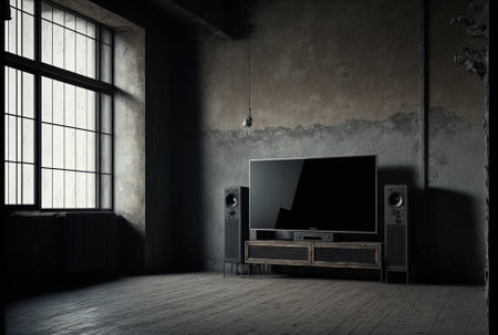 Empty room in a loft with a television cabinet against a dark internal concrete wall.の素材