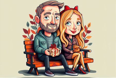 Couple sitting on bench with a tiny present packageの素材