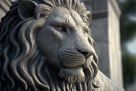 Closeup of a gray stone lion sculptureの素材