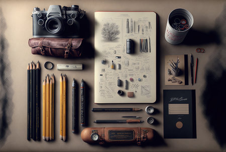 a collection of sloppy sketching equipment and stationeryの素材