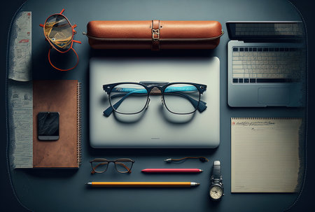 a diagram displaying open laptop, glasses, a cell phone, and office suppliesの素材