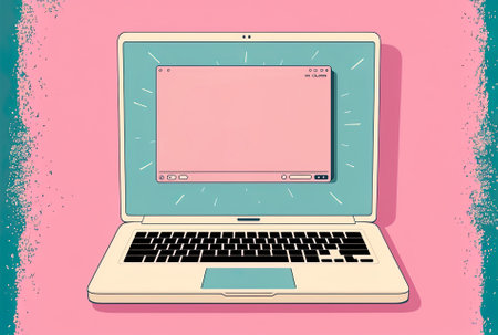 a pink backdrop with an open laptop and text copyの素材