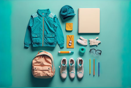 Flat lay of a child attending school with turquoise backgroundの素材