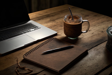 a spiral bound notebook, a laptop, a cup, and a wooden deskの素材