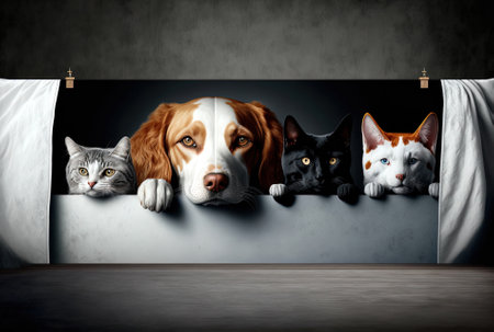 Dog and cat hiding in a row on a banner. solitary on a gloomy backdropの素材
