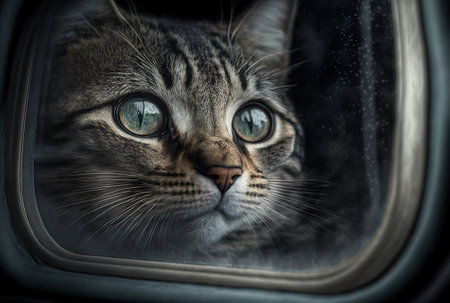 a cat staring out of a vehicle windowの素材