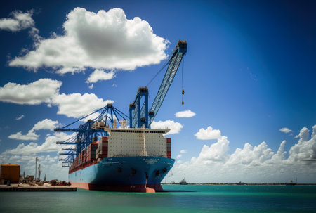 a cargo ship with a crane at Miami Harbor and a blue sky over the oceanの素材