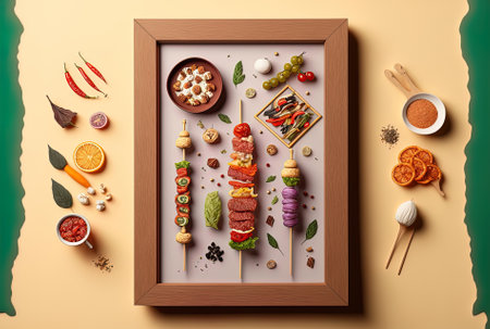 Flat lay of a frame with delectable foods and kebabsの素材