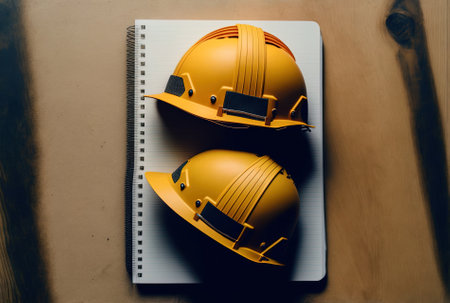 Construction helmets in a flat lay notebookの素材