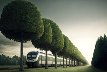 During the day, a train runs beside a row of treesの素材