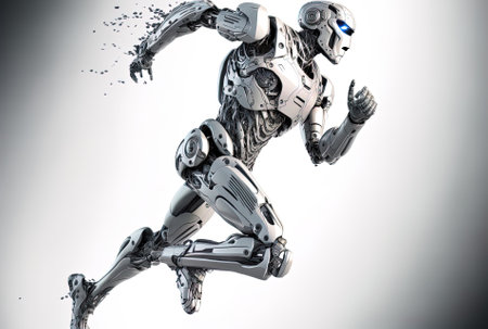 Concept of high speed technology with a robot running on a white backgroundの素材