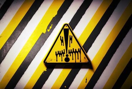 a yellow warning sign on a black and white striped wallの素材