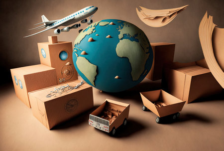 cardboard boxes around Earth, a freight ship, a flying plain, and an automobileの素材