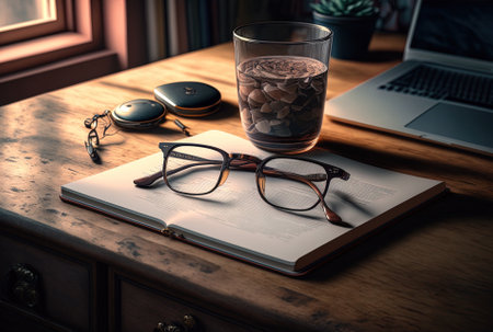 a desk with a laptop and glassesの素材