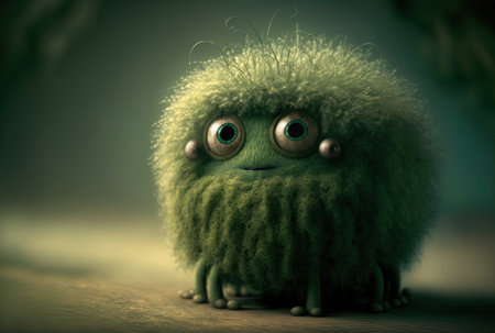 a fluffy individual with large eyes a little, four legged, green hairy creatureの素材
