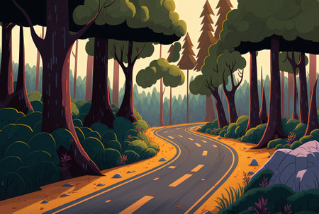 a woodland and an asphalt roadの素材