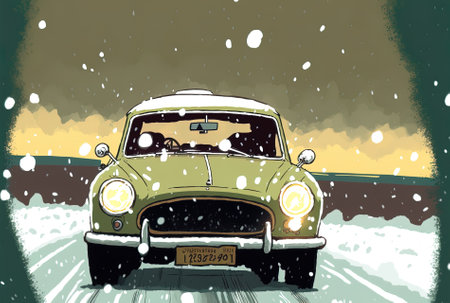 a car with a morning windshield coated in snowの素材