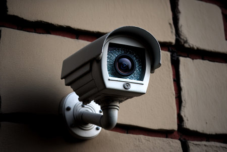 a close up of a wall mounted security cameraの素材