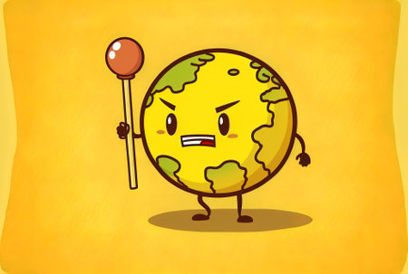 Earth globe with a character mascot map pointer pin on a yellow backdropの素材