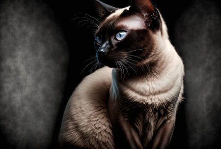 a stylish Siamese cat against a dark backdropの素材