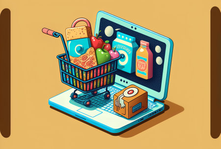 Online shopping concept. Shopping cart with products on laptop screen. Vector isometric illustrationの素材