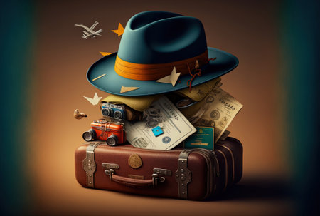 Travel and vacation concept. Suitcase with money, hat and camera on dark backgroundの素材