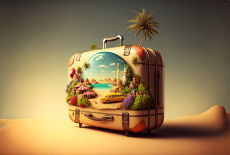 Vacation and travel concept. Vintage suitcase with tropical island.の素材