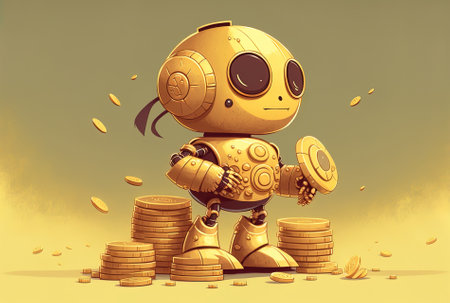 Financial innovation with a little robot holding a gold coin stackの素材