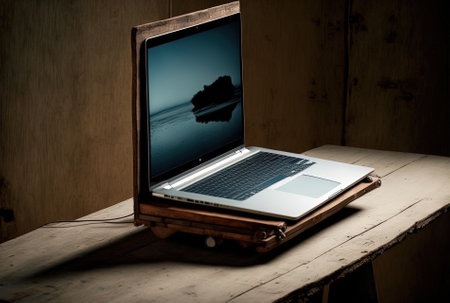 a laptop at an elevated position on a wooden board.の素材