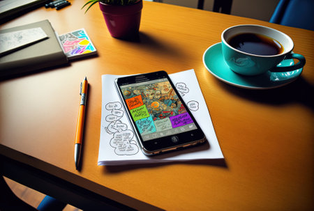 a table with a smartphone, stickers, and a pen.の素材